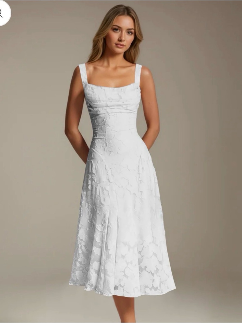 Molly Evers Elegant White Square-Neck Midi Dress
